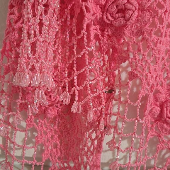 Crochet Pink Lightweight Cotton  Rose Design Shawl Wrap - Picture 11 of 14